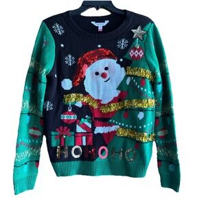 No Boundaries Womens M Ugly‎ Christmas UCS Sweater Santa Garland Bells Ho Ho Ho